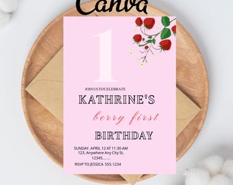 Berry First Birthday Invitation Template, Berry First Birthday Invitation, Berry First Birthday Invitation, Canva Editable