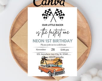 Fast One Racing Car Birthday Invitation Boys First Birthday Invitation Our Little Racer is Turing One Editable Invitation Vintage Car