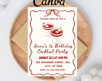 Editable Birthday Party Invitation Hand Drawn Scribble Cocktail Invitation, 21st, 30th, 40th, 50th, Birthday Invite Printable Canva Template