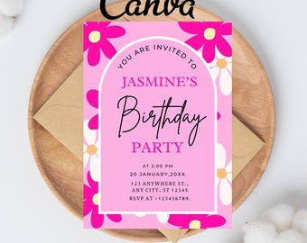 Pink Daisy Birthday Invitation. Flower Party Invite. Girl Spring Birthday Card. Editable Floral Invite. Digital Pastel Flower Invite.