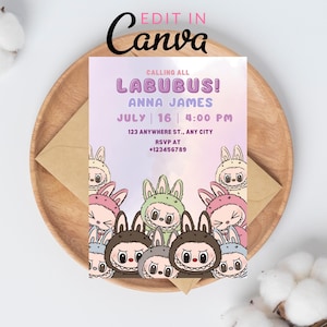 Labubu verjaardagsuitnodiging voor meisje of jongen, bewerkbare canva-sjabloon, schattige Labubu-feestuitnodiging, instant download, afdrukbaar bestand, Canva bewerken