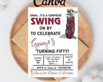 Peut inclure: Une invitation sur le thème du golf avec le texte "SHHH... IT'S A SURPRISE SWING ON BY TO CELEBRATE George & TURNING FIFTY!". L'invitation comprend un dessin de sac de golf et les détails de l'événement.