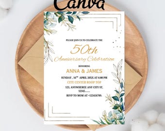 Elegant Golden 50th Anniversary Invitation, Editable Canva Template (Digital Download)