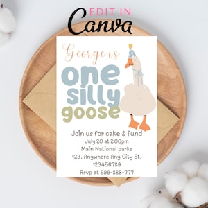 Modelo de convite de aniversário One Silly Goose | Modelo de convite de aniversário One Silly Goose para imprimir | Baixe agora mesmo o convite de aniversário de 1 ano | Canva