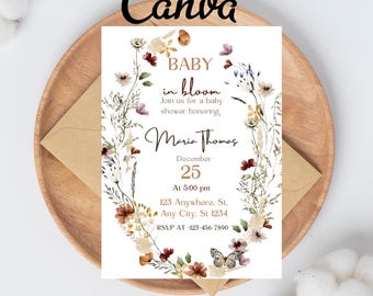 Baby in Bloom Invitation, Butterfly Baby Shower Invitation Girl, Purple Pink Butterflies Wildflower Invite Printable Baby in Bloom Shower