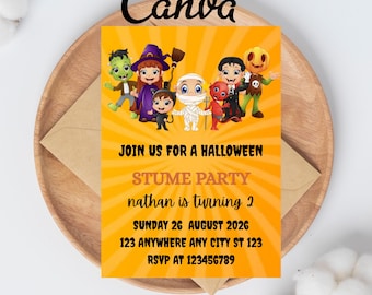 Halloween Costume Party Invitation Printable, Editable Spooktacular Kids Birthday Invite with Cute Characters, Download Canva Template