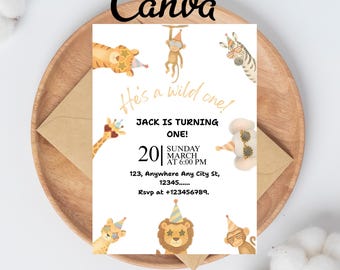 Editable He is a Wild One Birthday Boy Invitation 1 Safari Jungle Zoo Animals Boy 1st Birthday Invitation Printable Invite Invites