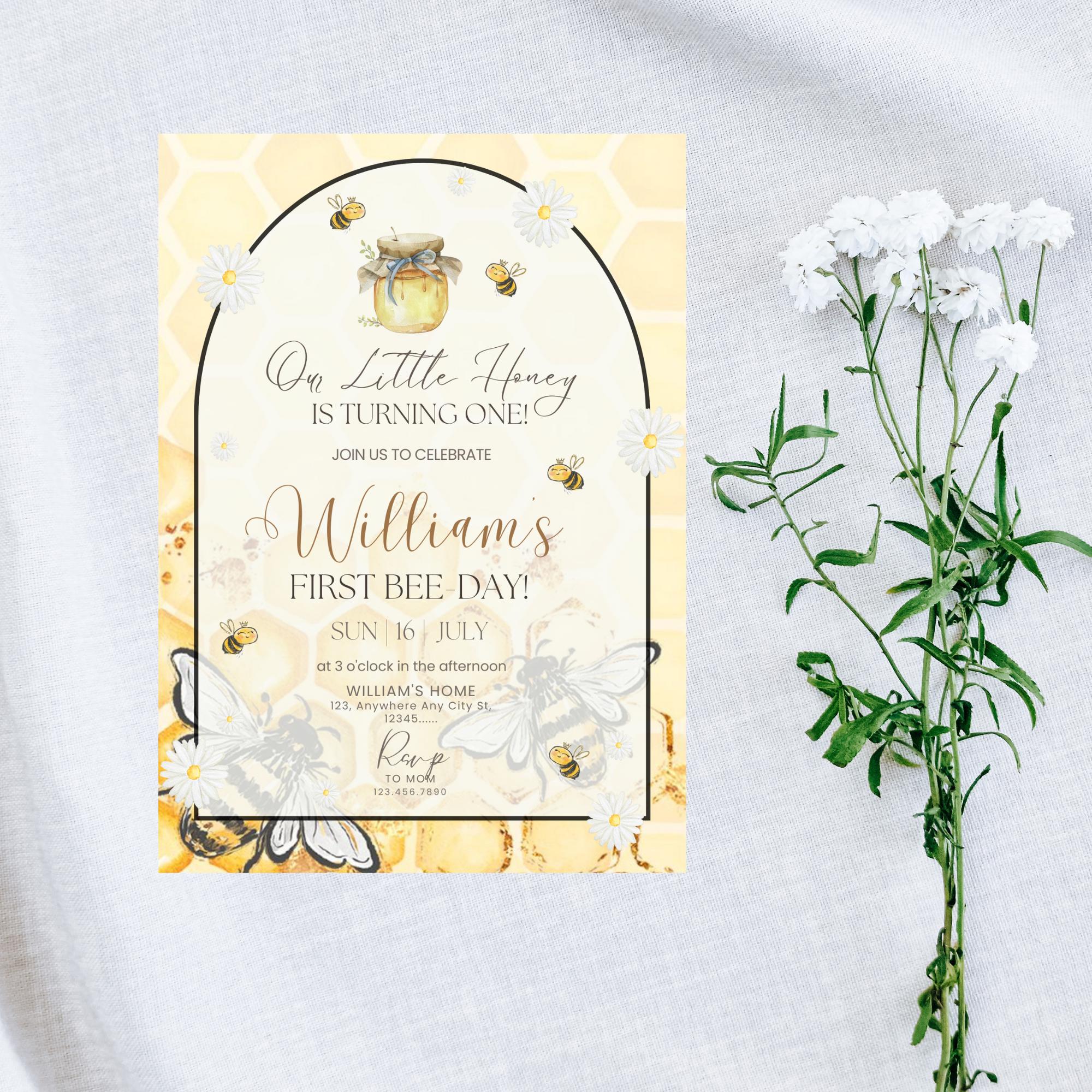 Editable Honey Bee 1st Birthday Party Invitation | Printable Bumble Bee ...