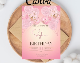 Digital Let's Party Pink Glitter Balloons Birthday Party Invitation, Pink Glitter Invitation Template, Editable Template, Instant Download