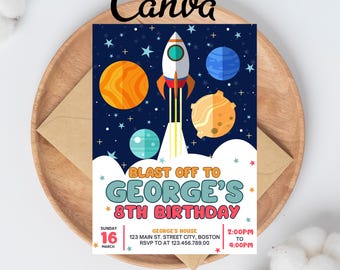 Uitnodiging voor verjaardagsfeestje ruimte, astronaut Outer Space thema uitnodiging, Galaxy uitnodiging, bewerkbare ruimte verjaardagsuitnodiging