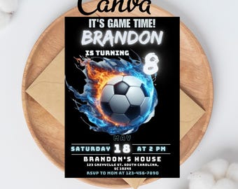 Editable Soccer Birthday Invitation Digital, Soccer Party Invite, Football Birthday Evite, Editable Canva Template, Let's Kick Up Some Fun