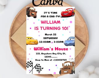 Cars Birthday Invitation | Lightning McQueen Invitation, Kids Birthday Invitation | Editable Personalized Canva Printable Digital Invitation