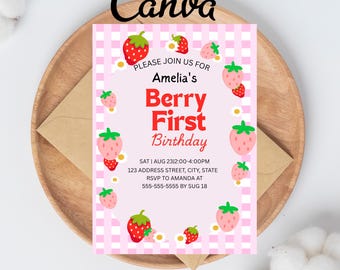 Berry First Birthday Invitation, Editable 1st Birthday Girl Invite, Printable Strawberry First Birthday Girl Invitation Template