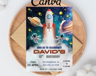 Invitación de cumpleaños espacial editable / Invitación de astronauta con cohetes y planetas / Descarga digital / Editar Canva / Descarga instantánea / Invitación espacial para niños