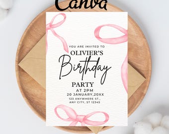 Editable Coquette Pink Bow Birthday Invitation, Pink Bow Birthday Invitation, Ribbon Birthday Invitation, Pink Coquette Bow Invite