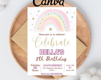 Editable Rainbow Birthday Invitation Cute Rainbow Glitter sparkle stars Party Invite Digital Mobile Phone Printable Template party
