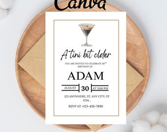 Invitación de cumpleaños de coqueta, invitación editable de martini para adultos, invitación de fiesta para adultos mayores, invitación de fiesta temática de lazo para mujer, invitación de martini espresso