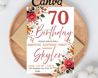 Editable Surprise 70th Birthday Invitation, Women Birthday Invitation, White Floral Birthday Invite, Seventy Birthday Invitation Template