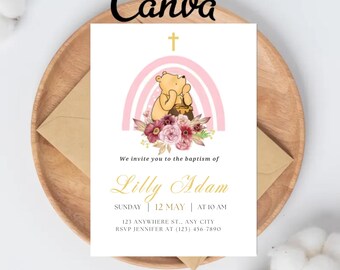 Editable Winnie The Pooh Invitation Girl Pink Balloon Classic Winnie The Pooh Baptism Invite Printable Template Digital Download