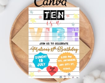 10th Birthday Invitation Template | Editable Ten is a Vibe Girl Preppy Patch Letters Birthday Party Printable Invite DIY