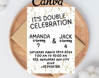 Invito per festa congiunta, invito per compleanno tra fratelli, invito per doppio compleanno, invito per due compleanni, compleanno congiunto, modello Canva modificabile