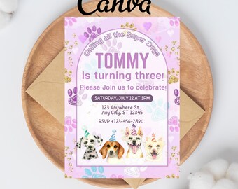 Editable Dog Birthday Invitation, Let's Pawty Invitation, Puppy Pawty Invite, Dog Invitation, Animal Birthday, Editable Canva Template