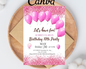 May include: A birthday party invitation with pink balloons and glitter accents. The invitation reads "Let's have fun! Audrey Clara's Birthday 10th Party" with date and time details. The invitation is on a wooden plate with a brown envelope.