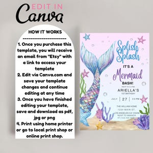 May include: A mermaid-themed birthday invitation template with a mermaid tail illustration in shades of blue, purple, and pink. The invitation includes the text "Splish Splash, It's a Mermaid Bash!" and instructions on how to edit and print the template.