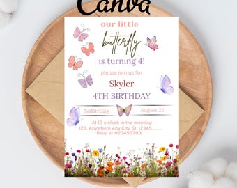 invitación de mariposa, invitación de mariposa rosa, invitación floral, primer cumpleaños de hada, invitación de cumpleaños de niña, invitación de cumpleaños, regalos de fiesta