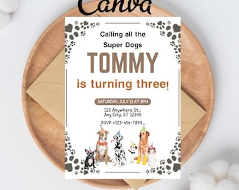 Editable Dog Birthday Invitation, Puppy Pawty Invitation, Dog Theme Birthday Invite, Pawty Birthday Invitation, Puppy Party Invitation