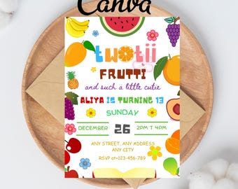 Two-tti Frutti Birthday Invitation Template, Second Birthday Invite, Printable Invitation, Editable, Download, 2, Watercolor Fruit