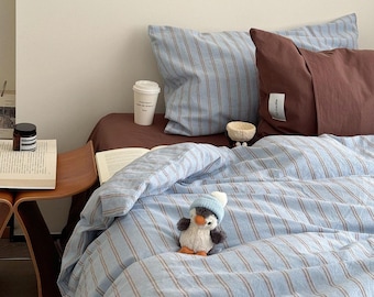 Blue Striped Minimalist Bedding Set, Modern Cotton Duvet Cover Set, Neutral Brown & Blue Bed Set, Soft Cozy Aesthetic Bedroom Decor