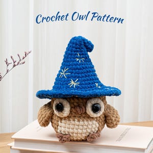 May include: A crocheted owl wearing a blue wizard hat with star accents. The owl is brown and cream-colored, with large black eyes. The text "Crochet Owl Pattern" is displayed above the owl.