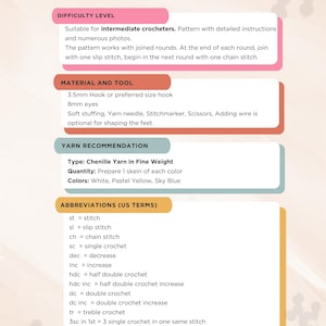 May include: A digital document titled MATERIAL AND TOOL LIST containing crochet instructions. It details difficulty levels, a 3.5mm hook, 8mm eyes, stuffing, and chenille yarn in white, pastel yellow, and sky blue. It also lists US crochet abbreviations.