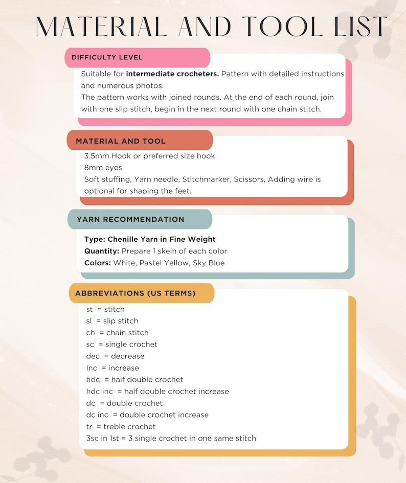 May include: A digital document titled MATERIAL AND TOOL LIST containing crochet instructions. It details difficulty levels, a 3.5mm hook, 8mm eyes, stuffing, and chenille yarn in white, pastel yellow, and sky blue. It also lists US crochet abbreviations.