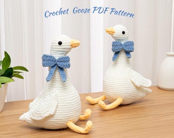 Crochet Goose Pattern Amigurumi Animal Plush Goose DIY Goose With Blue Bow Handmade gift stuffed Toy Silly Fluffy Goose Digital Download