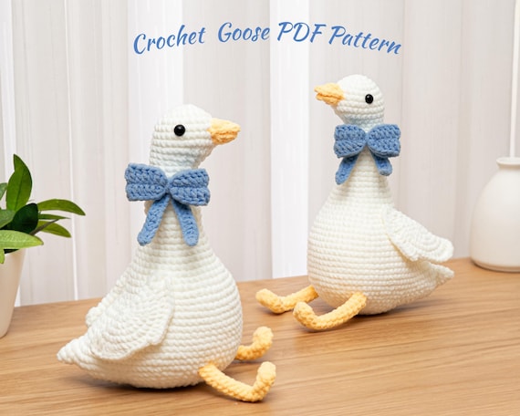 Crochet Goose Pattern Amigurumi Animal Plush Goose DIY Goose With Blue Bow Handmade gift stuffed Toy Silly Fluffy Goose Digital Download