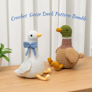 2in1 Crochet Goose Pattern Amigurumi Mallard Duck Plush Goose with Blue Bow Silly Fluffy Goose Baby Duck Crochet Bird Stuffed Farm Animal