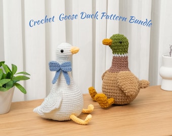 2in1 Crochet Goose Pattern Amigurumi Mallard Duck Plush Goose with Blue Bow Silly Fluffy Goose Baby Duck Crochet Bird Stuffed Farm Animal