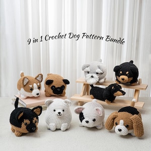 May include: A collection of nine crocheted dog patterns in various breeds, including a dachshund, pug, and beagle. The dogs are in different colors, such as black, brown, white, and gray. The text "9 in 1 Crochet Dog Pattern Bundle" is displayed.
