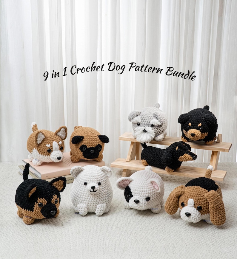 May include: A collection of nine crocheted dog patterns in various breeds, including a dachshund, pug, and beagle. The dogs are in different colors, such as black, brown, white, and gray. The text "9 in 1 Crochet Dog Pattern Bundle" is displayed.