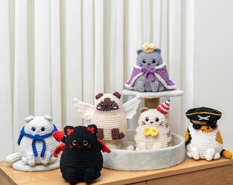Crochet Cat Pattern Bundle Low Sew Amigurumi Kitten Pattern Sitting Snuggler Kitty Plush Cute Chubby Cat with Fantasy Costume Animal Pattern