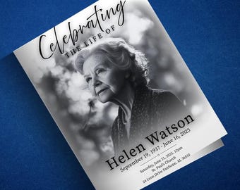 White Funeral Program Template: Elegant Memorial (Canva Template)
