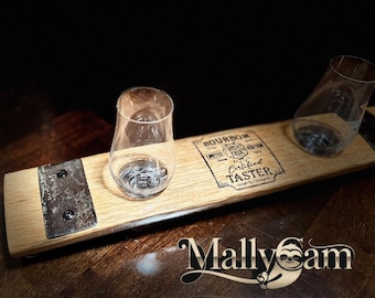 Large Bourbon stave whiskey flight with metal accents and matching Glencairn Glasses