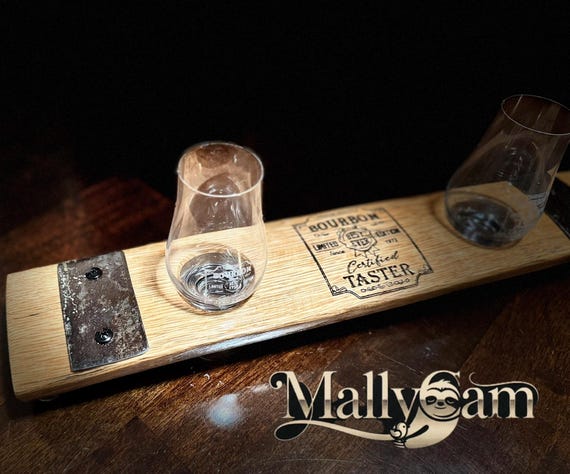 Large Bourbon stave whiskey flight with metal accents and matching Glencairn Glasses