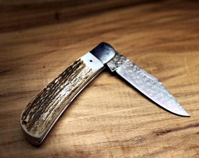 Hand Forged Damascus VG-10 Pocket Knife, White Tail Deer Antler Handle