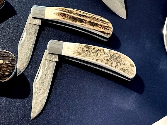 Handmade Damascus VG-10 Folding Knife, White Tail Deer Antler Handle