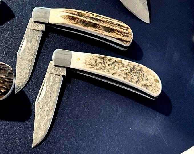 Handmade Damascus VG-10 Folding Knife, White Tail Deer Antler Handle