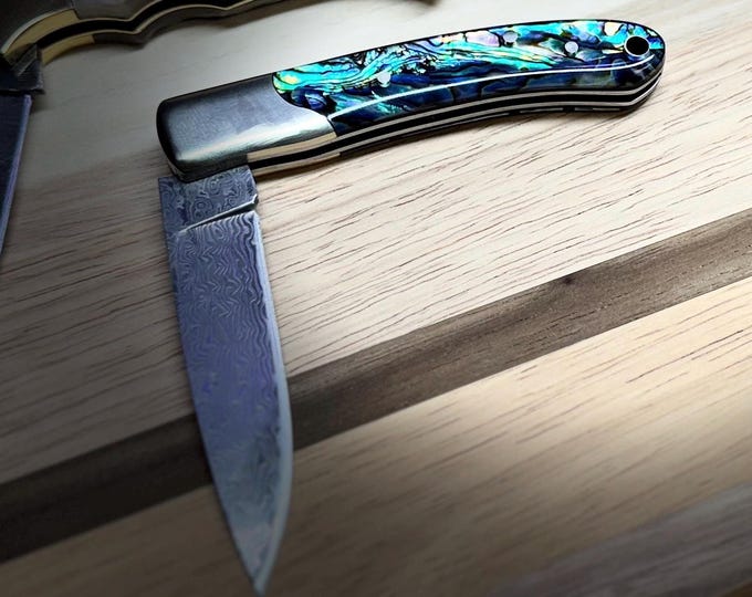 Handmade Damascus VG-10 Pocket Knife, Abalone Resin Handle