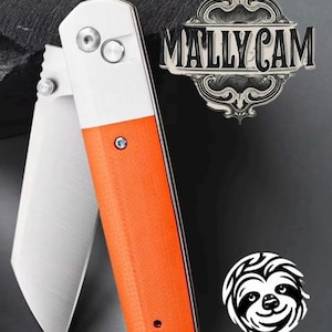 May include: A folding pocket knife with a stainless steel blade and an orange and white handle. The knife has a silver button and a logo that says "MALLYCAM". A sloth logo is also visible.